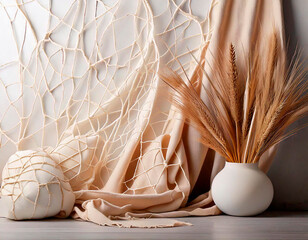 A stylish decorative setup features soft, textured fabric draped with a neutral color palette, complemented by a vase of dried flowers, creating a serene atmosphere