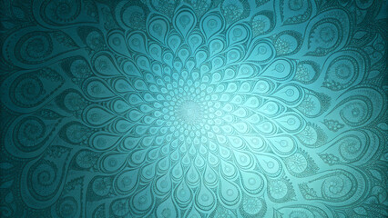 Intricate teal radial mandala pattern fading into soft aqua center Patrón de mandala radial intrincado en tonos turquesa que se desvanece hacia un centro suave aguamarina