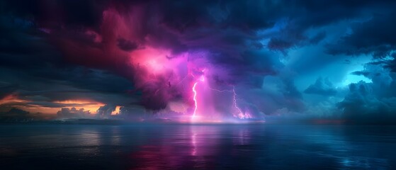 Dramatic Thunderstorm with Vibrant Lightning Strikes over a Serene Ocean at Dusk
