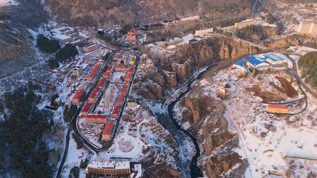 Jermuk is a popular resort town  in Armenia. Drone shot Jermuk city in winter time,  Health and Wellness Tourism. Health Tourism Armenia. Mineral Water . Jermuk Hotels and Resorts. Spa Resorts. 