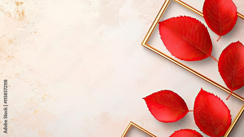 Poster rose leaves abstract background concept. beautiful arrangement of red leaves in golden frames on a t