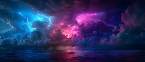 Dramatic Thunderstorm with Colorful Lightning Over Calm Ocean at Dusk