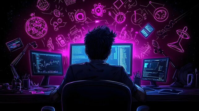 Doodle-style illustration of a coding tutor engaging with students, vibrant colors, playful characters, creative learning environment, technology theme