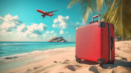 Travel concept, Suitcase on sandy beach with airplane in the sky on a hot summer day