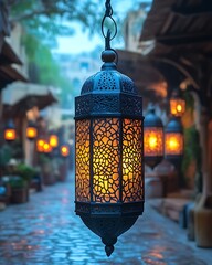 Ornate hanging lantern glowing in a dimly lit alleyway. (1)