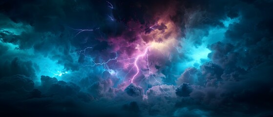 Dramatic Thunderstorm Sky with Colorful Lightning Strikes and Dark Clouds Illuminated by Electric Purple and Blue Light