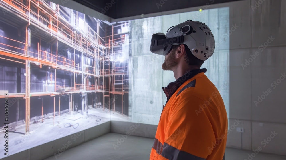 Aufkleber a construction worker in safety gear uses virtual reality to visualize real estate projects on large