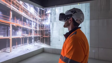 A construction worker in safety gear uses virtual reality to visualize real estate projects on large screens.
