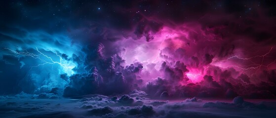 Fototapeta premium Dramatic Colorful Thunderstorm Clouds with Electric Lightning in Night Sky Oversofted Landscape