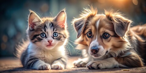 Obraz premium Adorable Kitten Puppy Playtime: Worm's Eye View AI Art - Cute Pet Photos