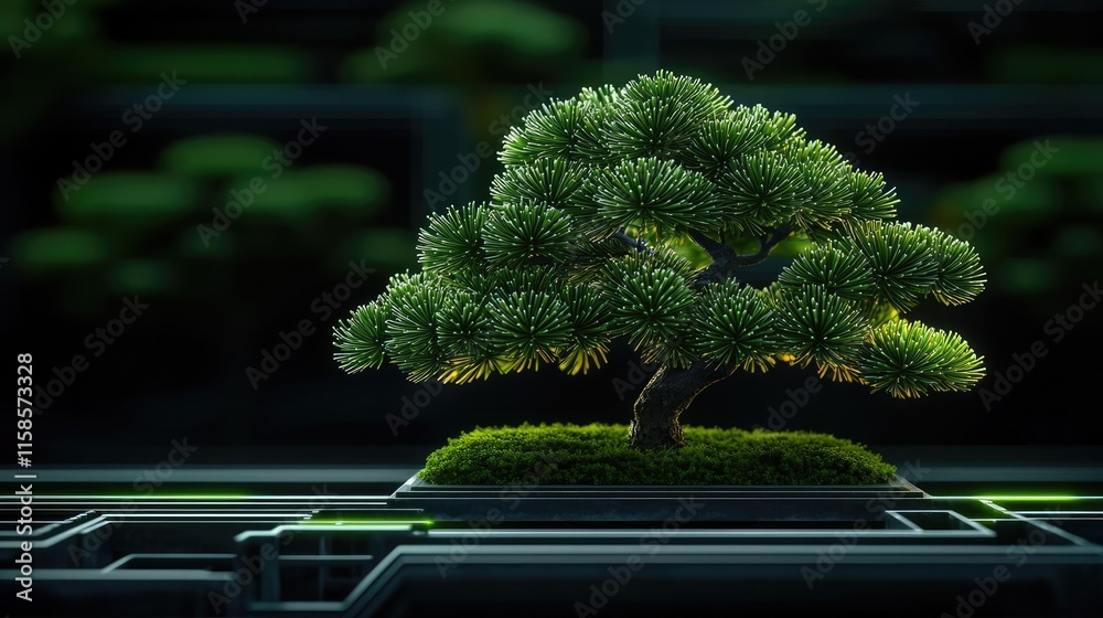Poster pine tree abstract background idea. a beautifully cultivated bonsai tree showcasing intricate detail