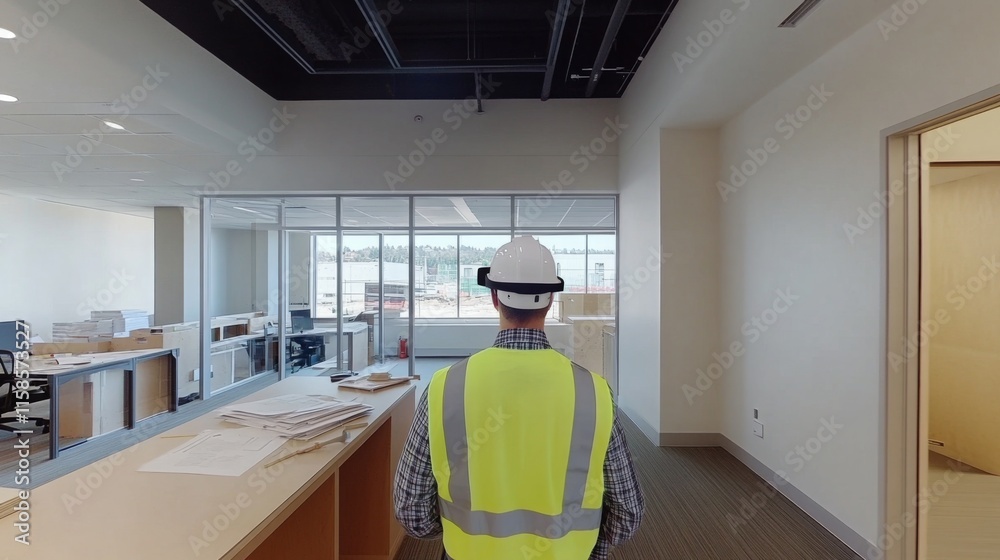Poster A construction management expert stands in a newly developed office, equipped with a hard hat and safety vest. He interacts with AI tools while surveying the workspace and planning for completion.