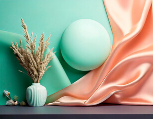 A visually appealing setup showcases a mint green sphere and a vase filled with dried grass, complemented by flowing peach satin on a smooth surface. The colors blend harmoniously