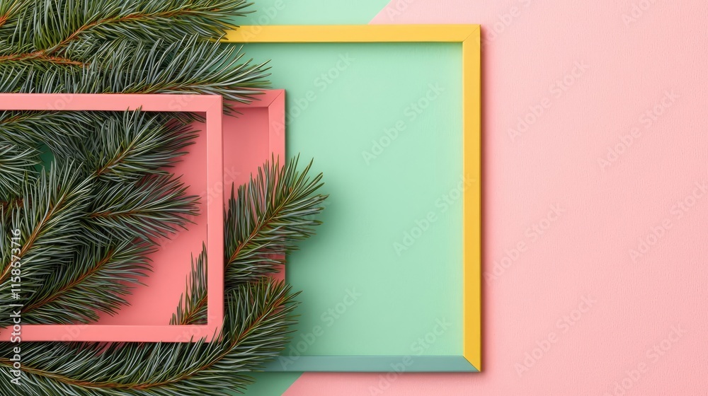 Poster pine tree abstract background idea. colorful picture frames with green pine sprigs on pastel backgro