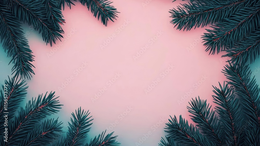 Aufkleber Pine tree abstract background idea. Beautiful green pine branches frame a soft pink background, perfect for seasonal decor.