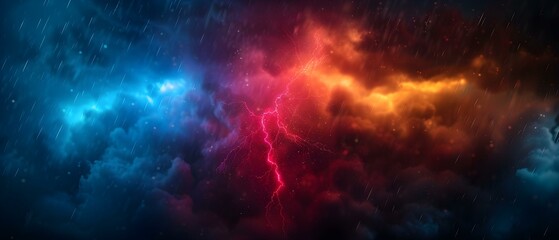 Dramatic Thunderstorm with Colorful Lightning Strikes Illuminating Dark Cloudy Sky