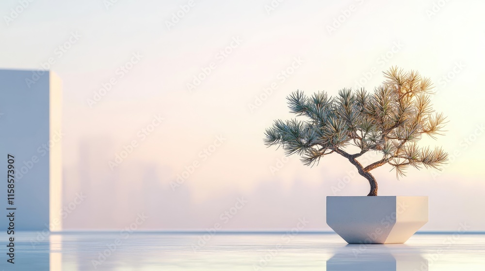 Aufkleber Pine tree abstract background idea. A serene bonsai tree in minimalistic setting, symbolizing tranquility and nature's beauty.