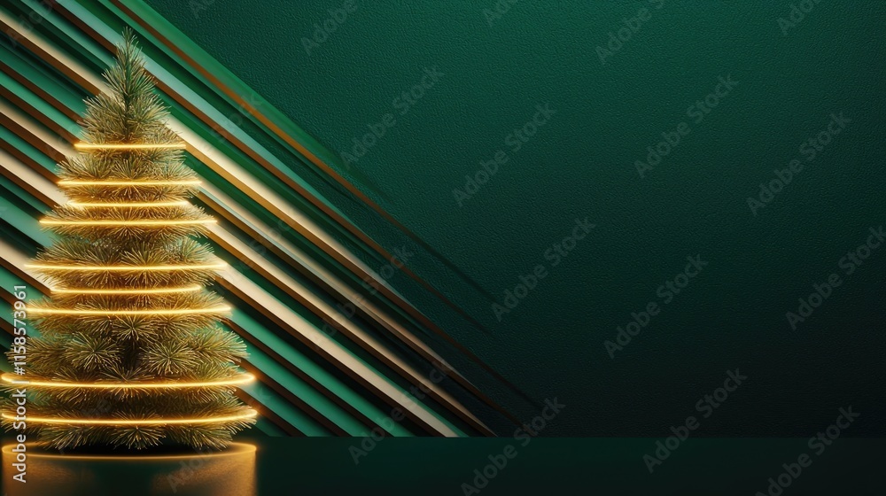 Poster Pine tree abstract background idea. Stylish Christmas tree with glowing lights on a green background.