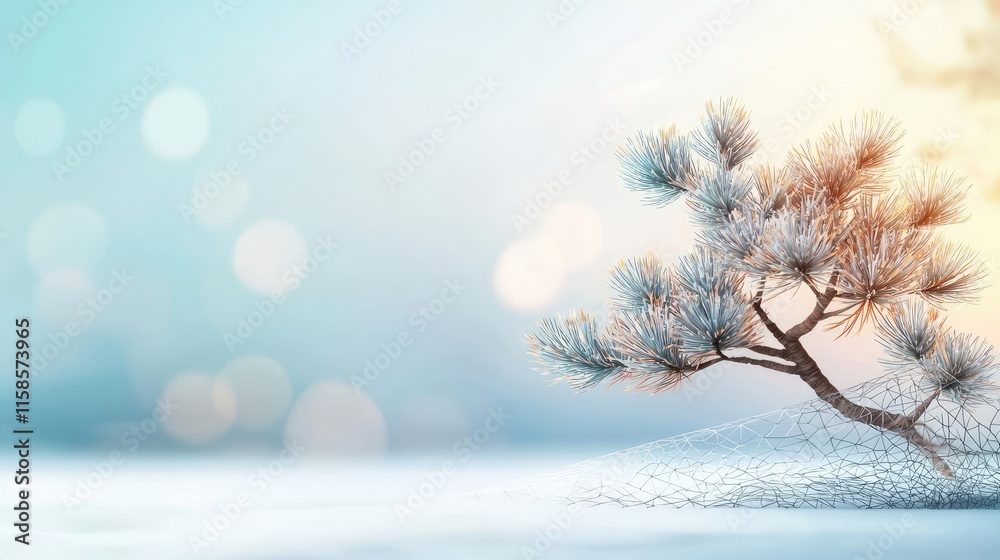 Poster pine tree abstract background idea. a serene winter landscape featuring a frosted tree against a sof