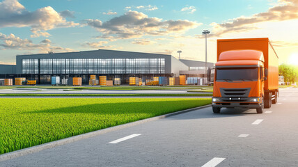 Fototapeta premium modern logistics facility with delivery truck on road