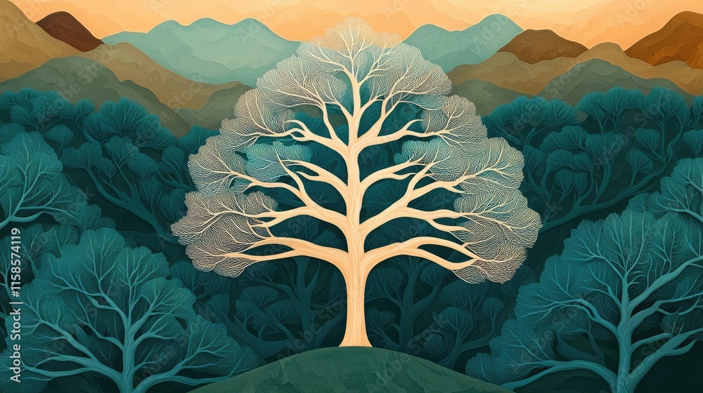 Poster Pine tree abstract background idea. A stylized tree amidst colorful abstract mountains under a serene sunset.