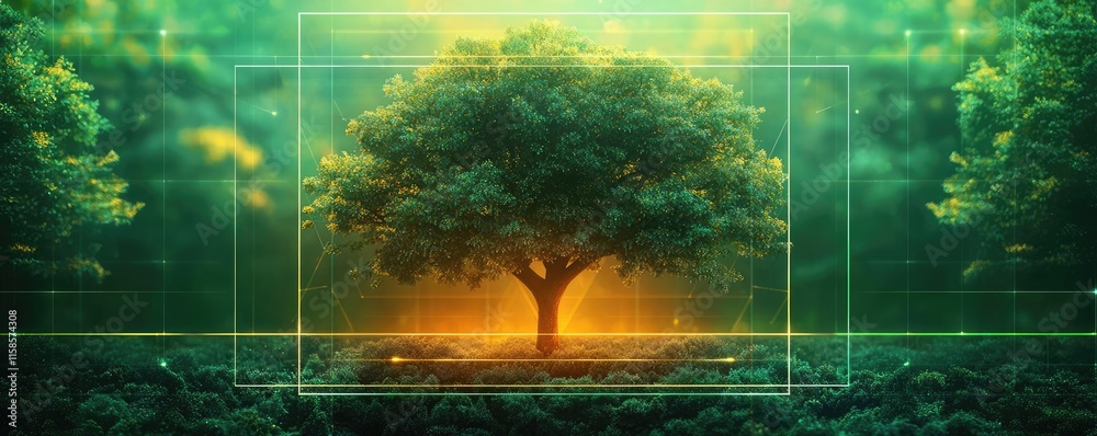 Poster Plane tree abstract background idea. A serene tree surrounded by a glowing forest, symbolizing nature's beauty and tranquility.
