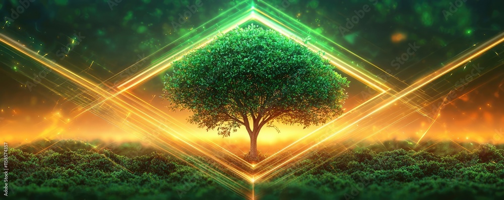 Aufkleber Plane tree abstract background idea. A vibrant tree surrounded by glowing lights in a mystical landscape setting.
