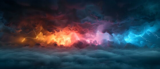 Fototapeta premium Dramatic Colorful Thunderstorm Sky with Lightning and Dark Clouds Illuminated by Vibrant Hues of Orange, Pink, and Blue