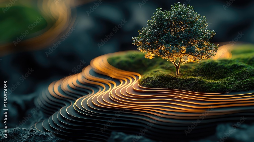 Poster Plane tree abstract background idea. A surreal landscape featuring a glowing tree on a wavy, illuminated terrain.