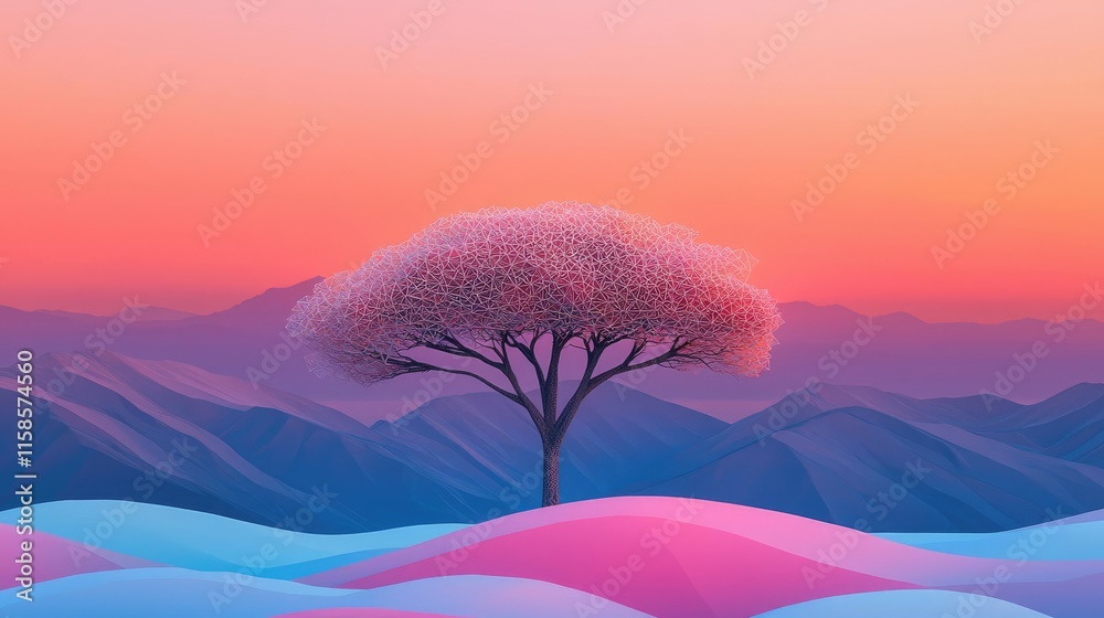 Poster plane tree abstract background idea. stunning sunset over abstract hills with a lone tree silhouette