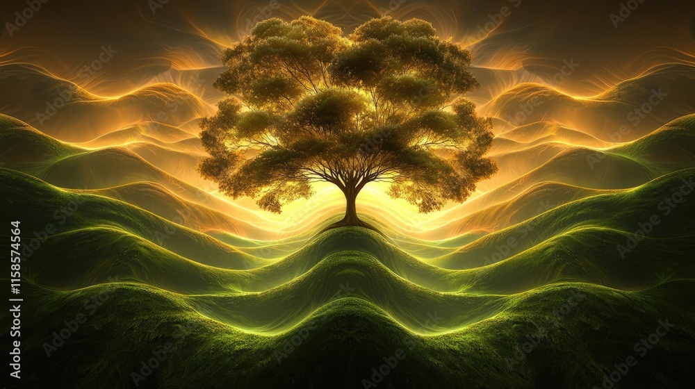 Poster plane tree abstract background idea. a glowing tree stands amidst enchanting, wavy green hills under