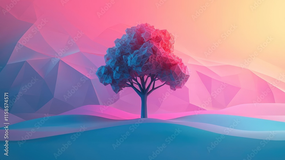 Poster Plane tree abstract background idea. A vibrant tree stands in a surreal landscape with colorful geometric shapes.
