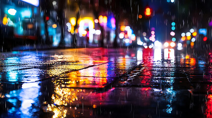 Fototapeta premium A rainy city street with reflections of lights on the wet pavement. generated using AI