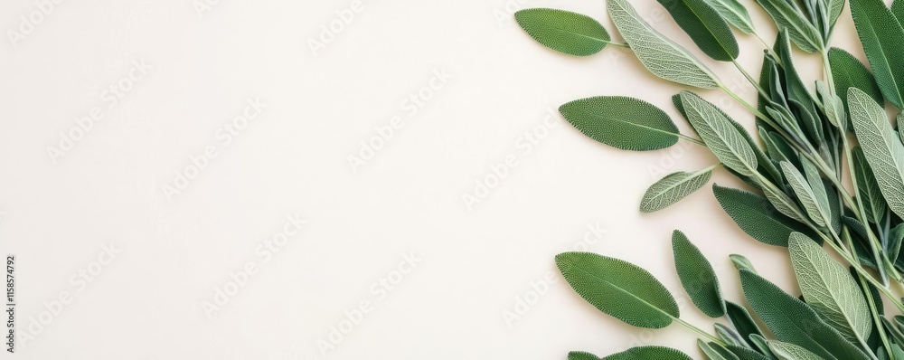 Poster sage leaves abstract background concept. fresh green leaves arranged against a neutral background fo