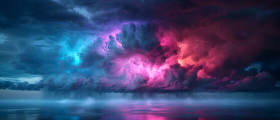 Dramatic Storm Clouds Over Serene Ocean with Colorful Lightning in Twilight Sky Reflected in Calm Water