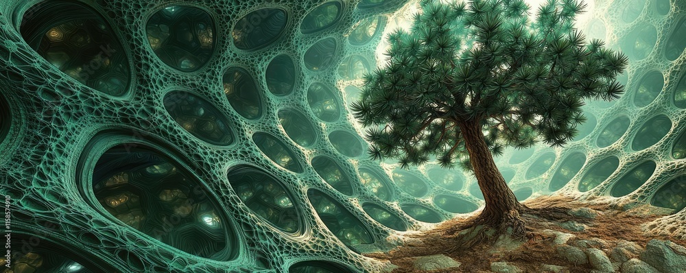 Aufkleber pine tree abstract background idea. a surreal tree standing in a vibrant, fractal-like environment w