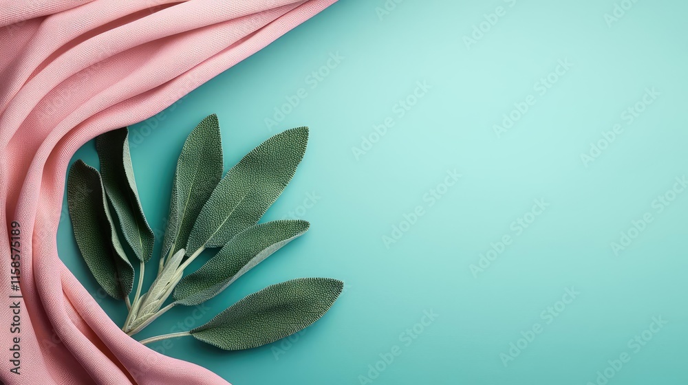 Aufkleber sage leaves abstract background concept. elegant arrangement of soft fabric and green leaves on a se
