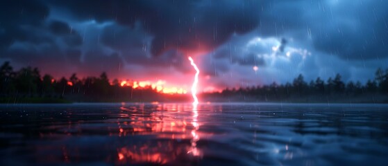 Fototapeta premium Dramatic Lightning Strike Over Calm Water During Stormy Evening with Dark Clouds and Colorful Sunset Reflections