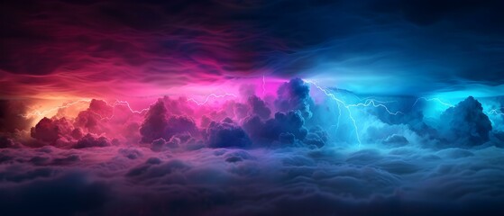 Naklejka premium Vibrant Stormy Skies with Dramatic Clouds and Electric Blue Lightning Displaying Nature's Power and Beauty