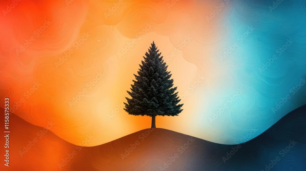 Poster Pine tree abstract background idea. A majestic tree stands alone on a colorful gradient background, symbolizing solitude.