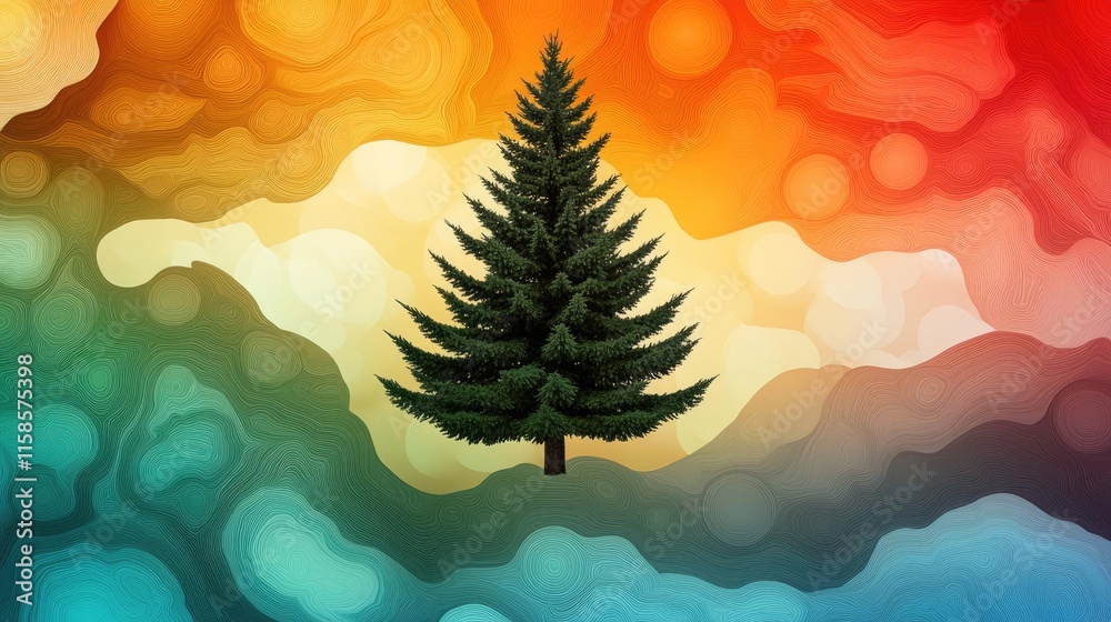 Poster Pine tree abstract background idea. Vibrant tree silhouette against a colorful abstract background, showcasing nature's beauty.