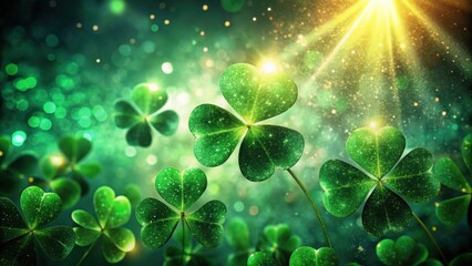 Sunlit four-leaf clovers or shamrocks leaves on blurred bokeh sunny background. St. Patrick's Day holiday concept, concept of luck, fortune, nature, serenity