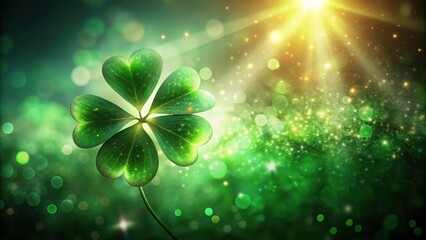 Sunlit four-leaf clover or shamrocks leaf on blurred bokeh sunny background. St. Patrick's Day holiday concept, concept of luck, fortune, nature, serenity