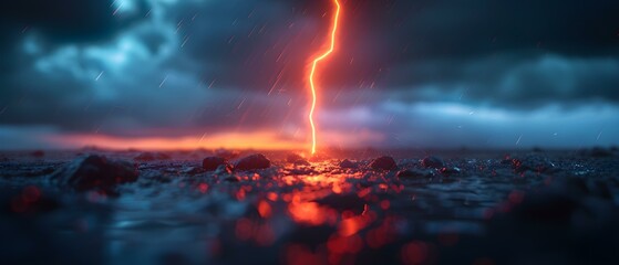 Dramatic Lightning Strike Illuminates Dark Stormy Sky Over Water During Heavy Rainfall