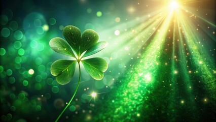 Sunlit four-leaf clover or shamrocks leaf on blurred bokeh sunny background. St. Patrick's Day holiday concept, concept of luck, fortune, nature, serenity