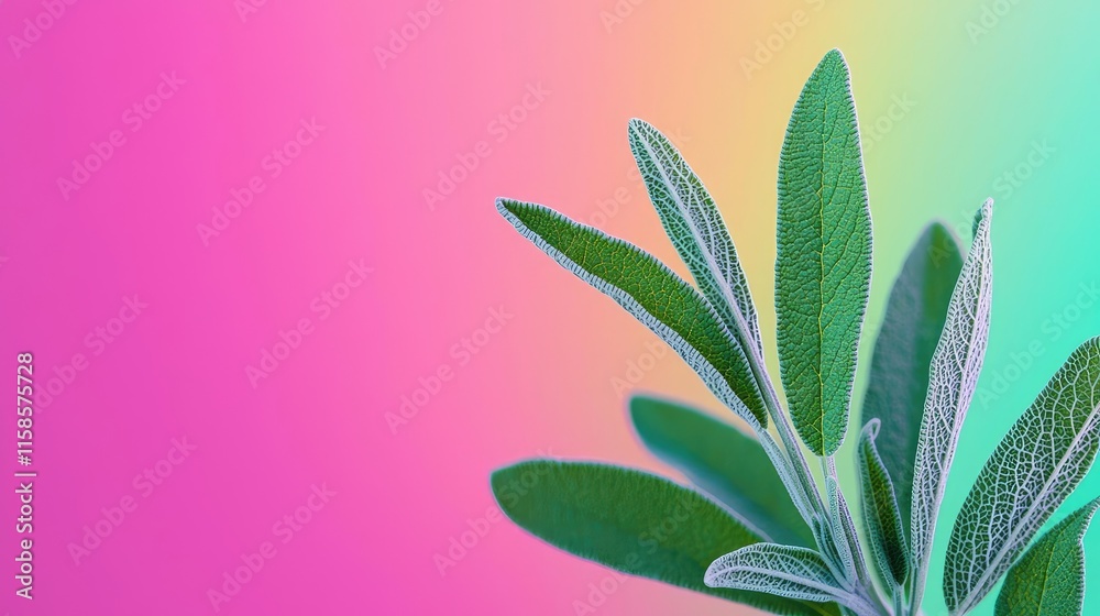 Poster sage leaves abstract background concept. a vibrant close-up of sage leaves against a colorful gradie