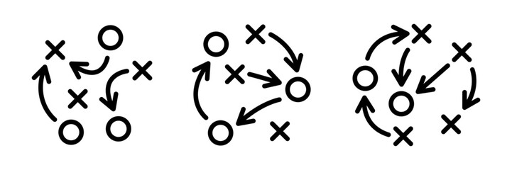 Soccer game strategy and tactic plan outline icons vector  illustration set isolated on white background.