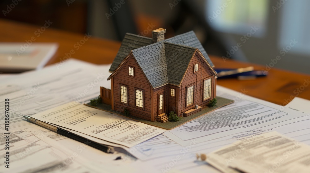 Aufkleber a small model house sits atop a cluttered desk covered with various real estate documents, showcasin
