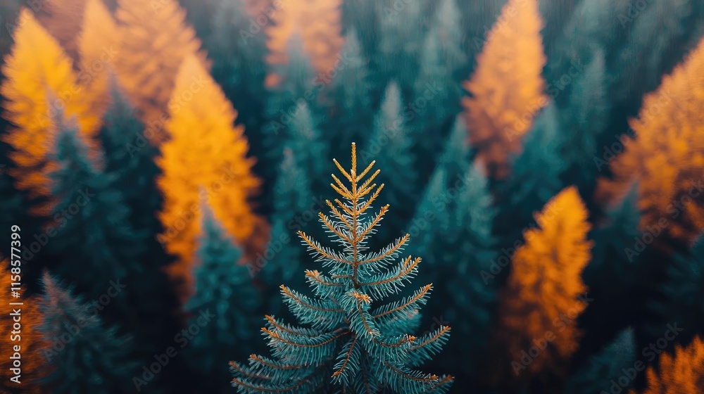 Aufkleber Pine tree abstract background idea. A vibrant forest scene showcasing colorful autumn trees with a focus on one evergreen.