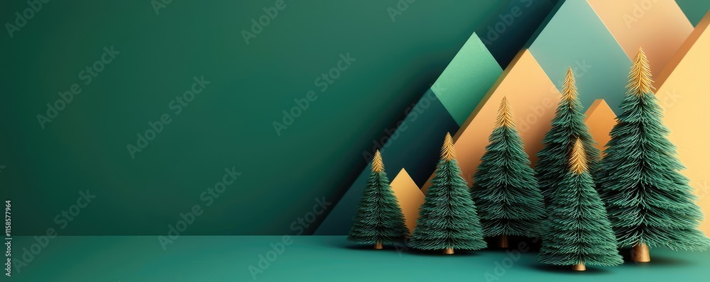 Poster Pine tree abstract background idea. Stylish green and gold geometric background with decorative evergreen trees.